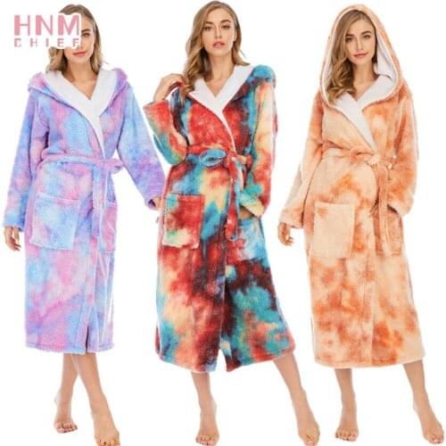 HNMCHIEF 3D Multicolor Tie-Dye Hooded Bathrobe Ladies 2020 Winter Coral Velvet Night-Robe Thick Long Pajamas Women Leisure Robes