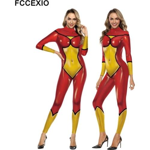 FCCEXIO Heroine Combat Printed Women Jumpsuit Carnival Fancy Party Cosplay Costume Bodysuit Adults Fitness Onesie Outfits
