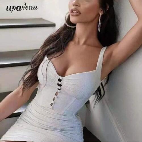 Free Shipping Sexy Strap Dress Womens 2021 New Summer Sleeveless Single Breast Button Bodycon Mini Dress Club Party Vestidos