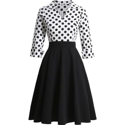 Plus Size Women Rockabilly Dress Retro 50s 60s White Black Polka Dot Print Sundress Patchwork 3/4 Sleeve Pin Up Swing Jurken