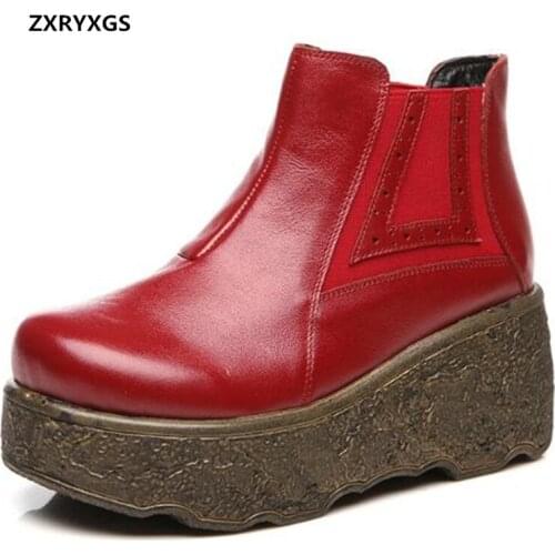 ZXRYXGS Top Cowhide Autumn Comfort Wedges Platform Boots Heighten Shoes Woman Chelsea Boots High Heels Ankle Boots Women Boots