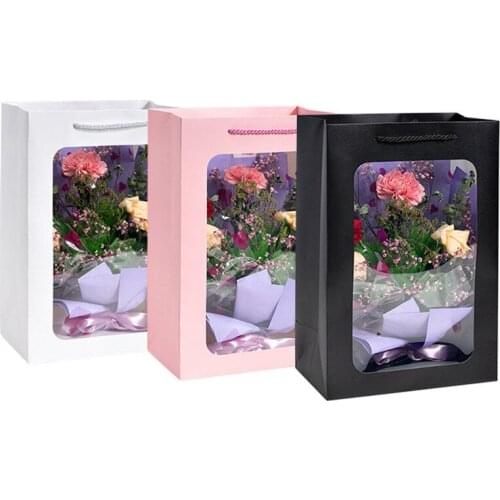 500Pcs/Lot Customs Your Own Logo Flower/Birthday Gift Storage Modern Paper Tote Bags with Transparent PVC Window