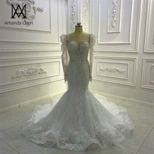 Abito manica lunga Puffy Long Sleeve Lace Appliqued Mermaid Wedding Dress