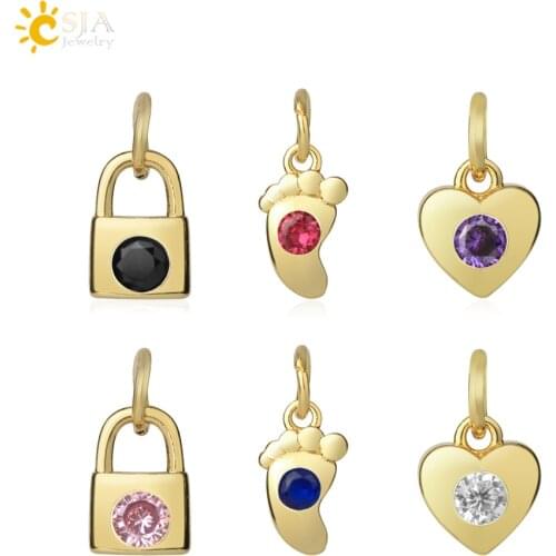 CSJA Gold Color Baby Feet Heart Pendant Charms for DIY Jewelry Making Rhinestone Mini Lock Earrings Necklace Bracelet CZ S763