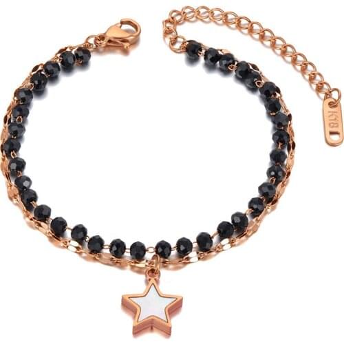 Double Layer Stainless Steel Shell Star Charm Bracelets For Women Bohemia Black Crystal Chain Link Jewelry B20178