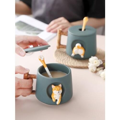 Cute Cartoon Animal Shiba Inu Ceramic Mug Creative Men and Women Couple with Lid Spoon Drinking Water Coffee Cup