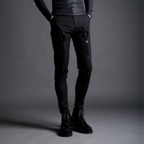 Hot 2020 spring new hook and buckle stretch slim pants Korean personality tide m fake two small bound feet casual trousers