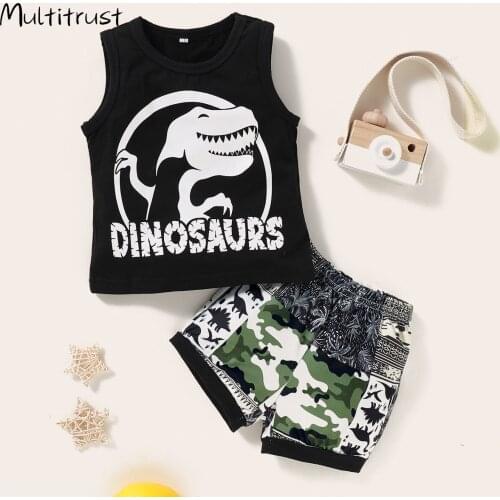 Multitrust Baby Boy Clothes Set Summer Toddler Infant Outfit Sleeveless O Neck Top Camo Shorts Dinosaur Print Clothing