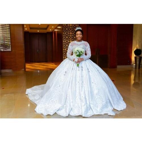 Muslim Ball Gown Wedding Dresses Long Sleeve High Neck Crystal Appliqued Lace Bridal Gowns A Line Sweep Train Vestido De Novia