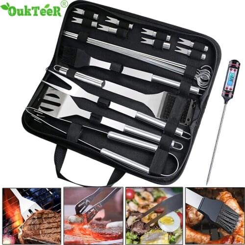 21Pcs/set Barbecue Accessories Stainless Steel BBQ Tools Set Grill Household BBQ Grill Set for Party Camping Cooking with Bag