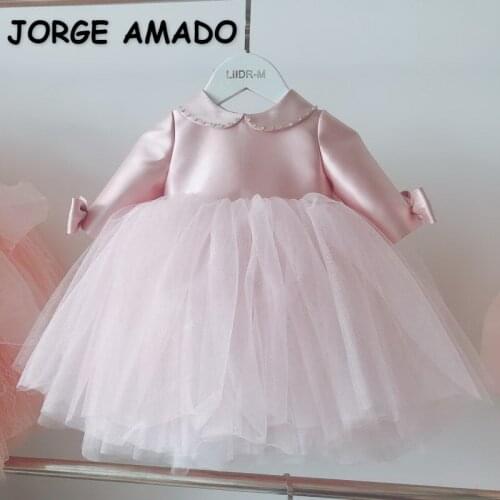 2021 New Spring Teenager Girls Dress Pink Bow Sleeves Princess Dresses Piano Performance Flowers Girl for Weddings E0909
