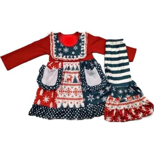 New positioning flower christmas tree snowflake print childrens red long sleeve stripe Ruffle flared pants set