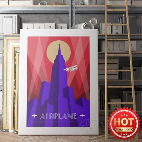 Solid Geometry Building Poster, Sun Airplane Art Prints, Boy Room Bedroom Wall Decor Mural, Red Yellow Vintage Art Wall Picture