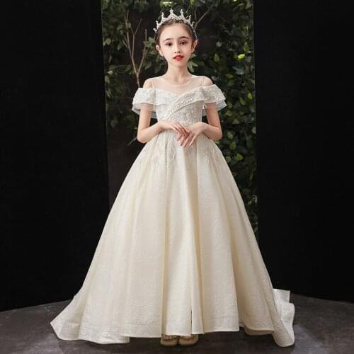 Flower Girls Dresses O-Neck Off The Shoulder Princess Ball Gown Tiered Floor-Length Tulle Sequined Pleat Kids Party Dress D223