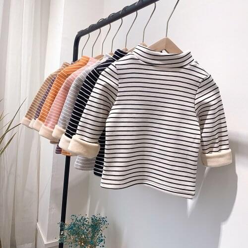 Baby boys and girls striped t shirt 2020 new childrens plus velvet winter bottoming tee shirts toddler warm casual top tees