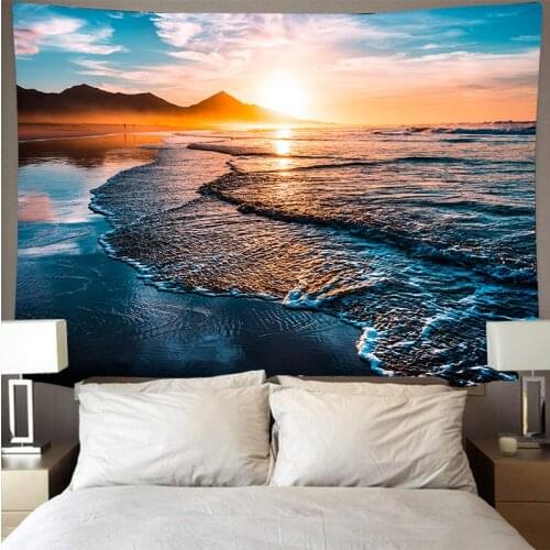 Sea View Tapestry Beach Wall Hanging Beautiful Sunset Psychedelic Background Sky Picnic Blanket Home Decor Large Size 230X150CM