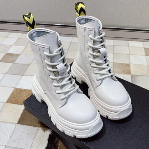 Newest Fashion Zipper Flat Shoes Woman High Heel Platform PU Leather Boots Lace Up Women Shoes White Military Botas Mujer Girls