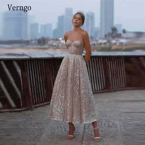 Verngo Sparkly Gold A Line Evening Dresses Sweetheart Boning Fitted Bodice Ankle Length Prom Gowns 2021 Wedding Party Dress