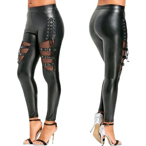 Womens Metal Buckle Pu Leather Pants Black Bandage Sexy Stretch Skinny Pants Womens Long Casual Pencil Pants M-XXL Large Size