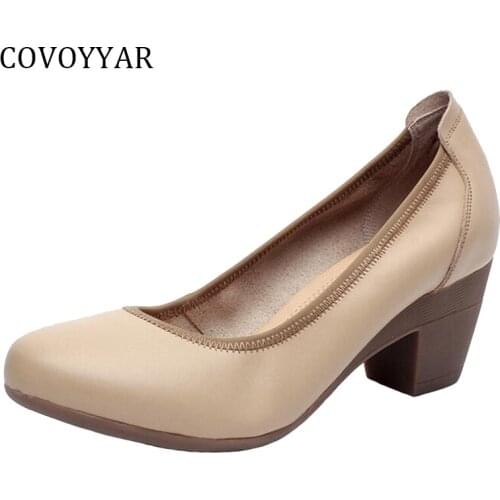 COVOYYAR 2021 Genuine Leather OL Women Shoes Thick Med Heels Lady Office Work Shoes Spring Autumn Dress Pumps Size 34-43 WHH99