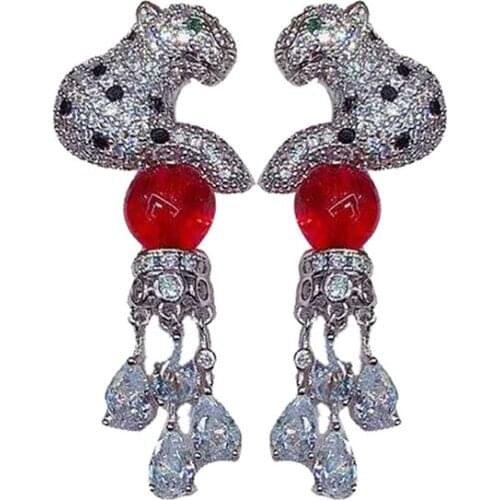 Luxury Cubic zircon red round crystal stone leopard Earrings Silver 925 needle for women ear studs fine jewelry party wear