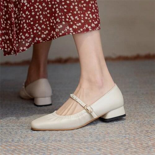 COOLULU 2021 Spring Mary Janes Shoes Woman Low Heels Buckle Block Heel Pumps Pearl Square Toe Female Footwear Beige Big Size 43