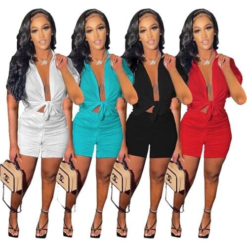 Women Two Piece Dress Set Solid Short Sleeve Turn Down Collar Bandage Shirt And Mini Skirts Casual Streetwear Summer Clubwear