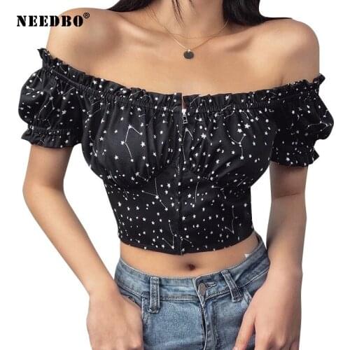 NEEDBO Summer Sexy Crop Top t shirt Women Slash Neck High Street Casual Tshirts for Women Short Sleeve Strapless Sexy Crop Tops