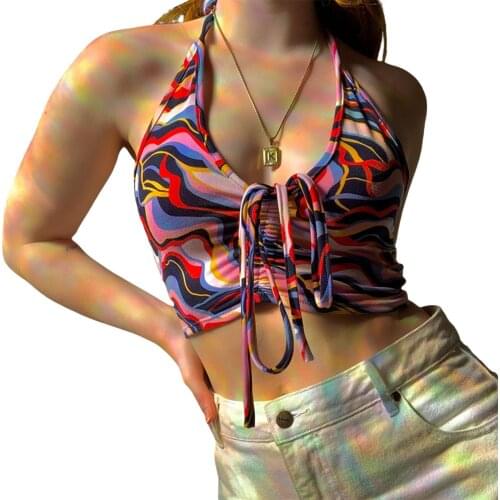 Women’s Fashion Water Ripple Print Vest Sexy Drawstring Bandage Exposed Navel Halter Camisole V-neck Lace Blouse Vest