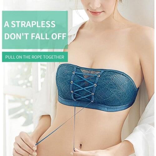 Women Sexy Solid Color Lace Padded Wireless Front String Tube Top Bra Brassiere