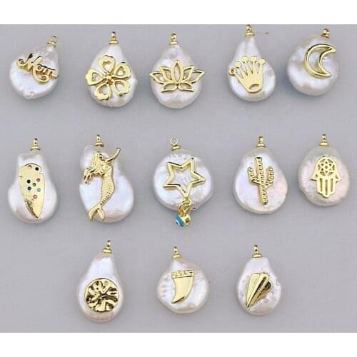 10-20mm 10pcs/lot random mixed Freshwater pearl with cz charm pendant,good plating coppercharm inlay pendant jewelry component