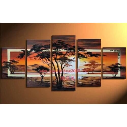 100% Handmade 5 Pcs Modern Picture On Canvas Oil Painting For Living Rroom Decor Wall Art Pictures Africa Landscape