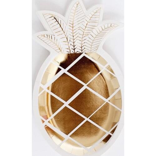 16pcs Shiny Gold Foil Pineapple Party Plates, Disposable Tableware Paper Plates, Wedding Birthday Party Baby Shower Supply