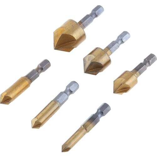 6pcs/lot Hexagon Shank Titanium Five Chamfer Chamfering Drill Cutter Bit with 6 / 8 / 9 / 12 / 16 / 19mm for Woodworking