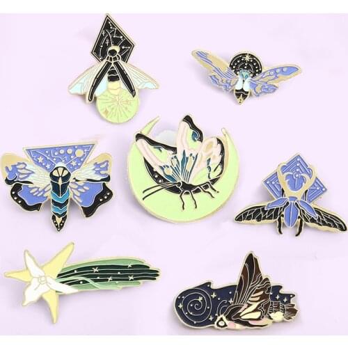 7Styles Luminous Enamel Pin Custom Moth Butterfly insect Moon Glow at night Brooches Cartoon Animal Badge Jewelry for Friends
