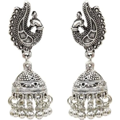 Afghan Jewelry Peacock Drop Earrings for Women Boho Oxidized Vintage Silver Color Indian Jhumka Earring oorbellen Gypsy Tribal