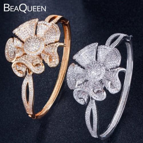 BeaQueen Big Geometric Flower Micro Pave Cubic Zirconia Stones Open Bangles Yellow Gold and Silver Color Wedding Jewelry B153
