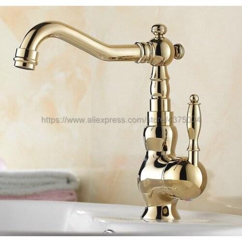 Deck Mounted Single Handle Hole Bathroom Sink Mixer Faucet Polished Gold Color Hot and Cold Water Mixer Tap Ngf053