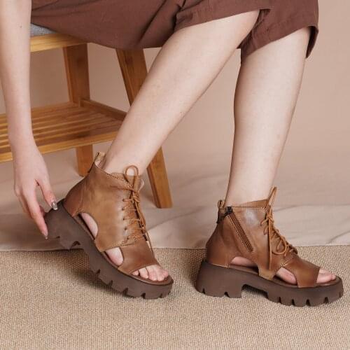 2021 Designer Summer Shoes Genuine Leather Platform Sandals Lace Up Retro Summer Shoes Open Toe Brown/Khaki
