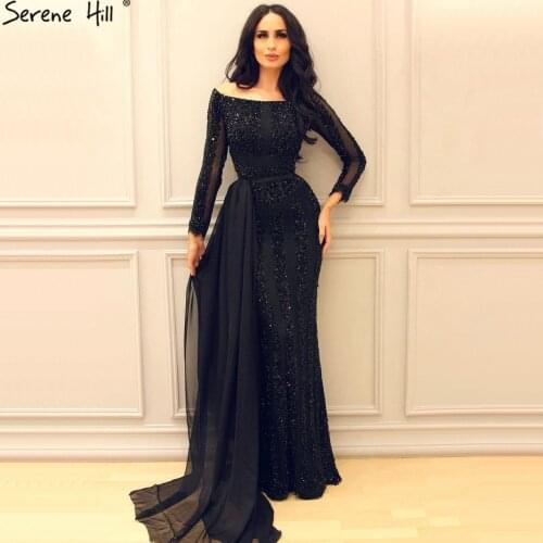 Long Sleeve Black Mermaid Tulle Prom Dress Beading Sequined Prom Gowns Real Photo 2020 Serene Hill DLA6009