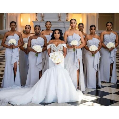 Long Mermaid Scalloped Satin Bridesmaid Dresses with Slit Floor Length Corset Back Formal Wedding Party Gowns