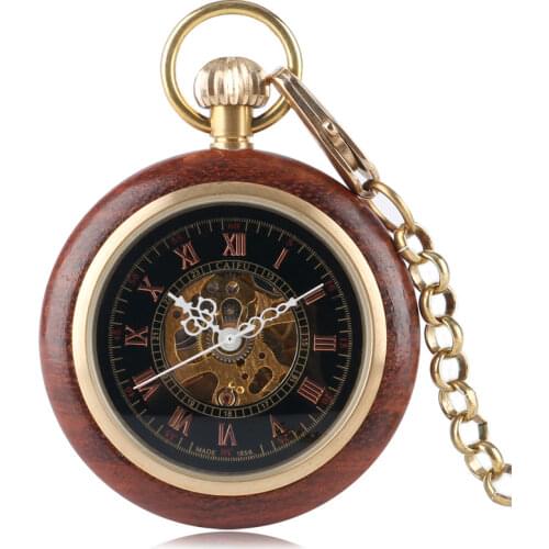 Wood Pocket Watch Carving Exquisite Fashion Hand Winding Fob Retro Vintage Mechanical Steampunk Classic Gift Trendy Pendant Men