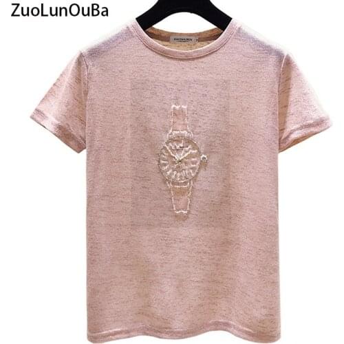 Summer Commute Women T Shirt Print Watch Pattern Harajuku Diamond Sequins Beaded Tees Light Quality Slub Cotton Tops Female