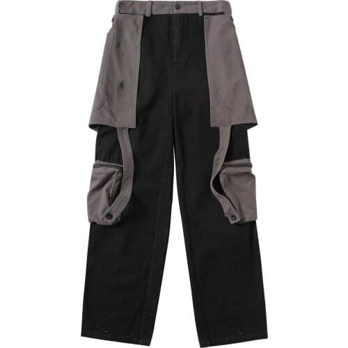 Fake Two Pieces Long Straight Trousers Mens Loose Pants Casual