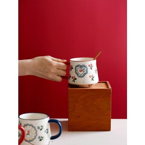 Ceramic mugs retro milk coffee breakfast 400ml cups cherry handpainted printed Japan style creative birthday gift red blue