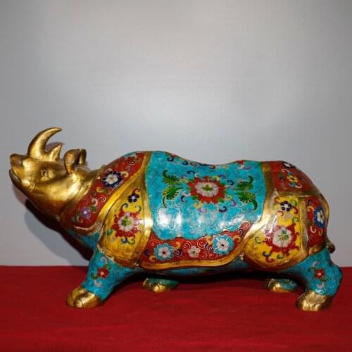 17"Chinese temple collection Old Bronze Cloisonne Enamel Filigree Rhino statue Office Ornaments Town House Exorcism