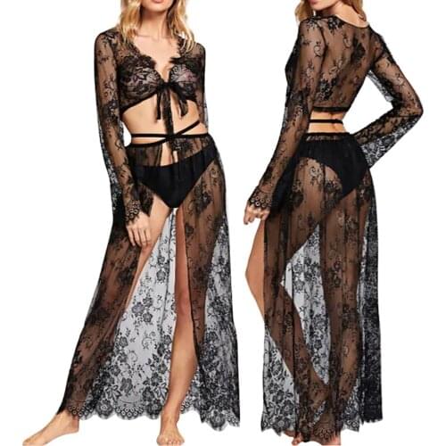 3 piece set Women Lace-up V-Neck Top See-Through Mesh High Waist Lace Dress Panties Summer Pajamas Erotic lingerie Suits Robes