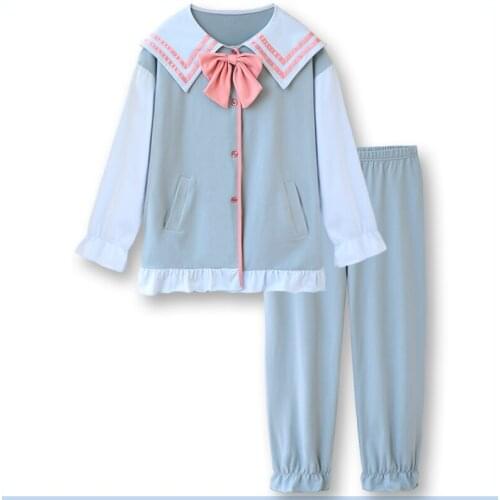Cute Women Pajamas Sets Kawaii Lolita Girl Sleepwear Moon Embroidery Long Sleeve Home Wear 2 Piece Casual Rabbit Ear Top Pants