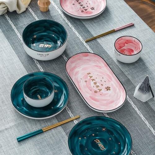 2021 New Hand Painted Starry Sky Salad Dishes Tableware Noodle Bowl Home Creative Soup Ceramic Dish Spoon Set