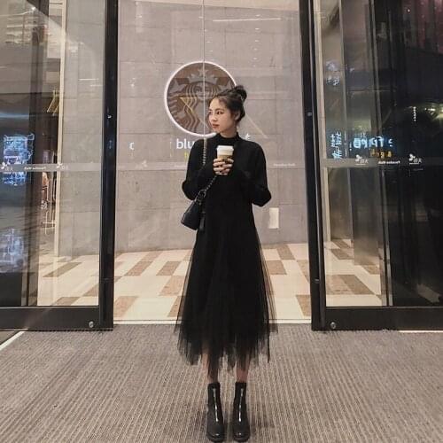 Spring And Autumn 2021 New Two-piece Lazy High School Collar Split Sweater Skirt + Knee-length Mesh Skirt Festival Clothing